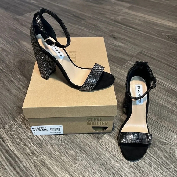 Steve Madden Carrson Black Crystal Ankle Strap High Heels Size 6 - Picture 2 of 6